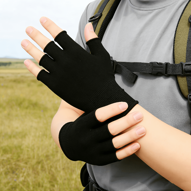 Fingerless Glove Knit - Black Knit Half Finger Gloves, Breathable